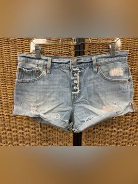 Light Wash Distressed Denim Shorts - Women's Casual Button-Fly